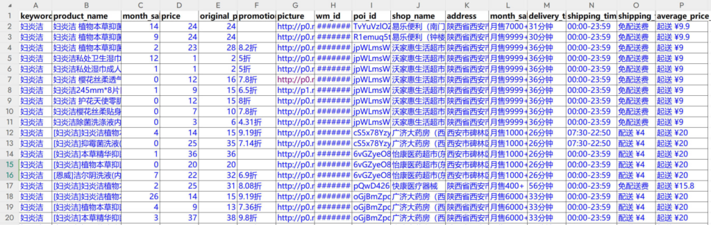 搜索关键词,商品名称,月售,价格,原价,折扣说明,商品图片,商家名称,地址,月售,配送时间,营业时间,配送费用,起送,人均等。